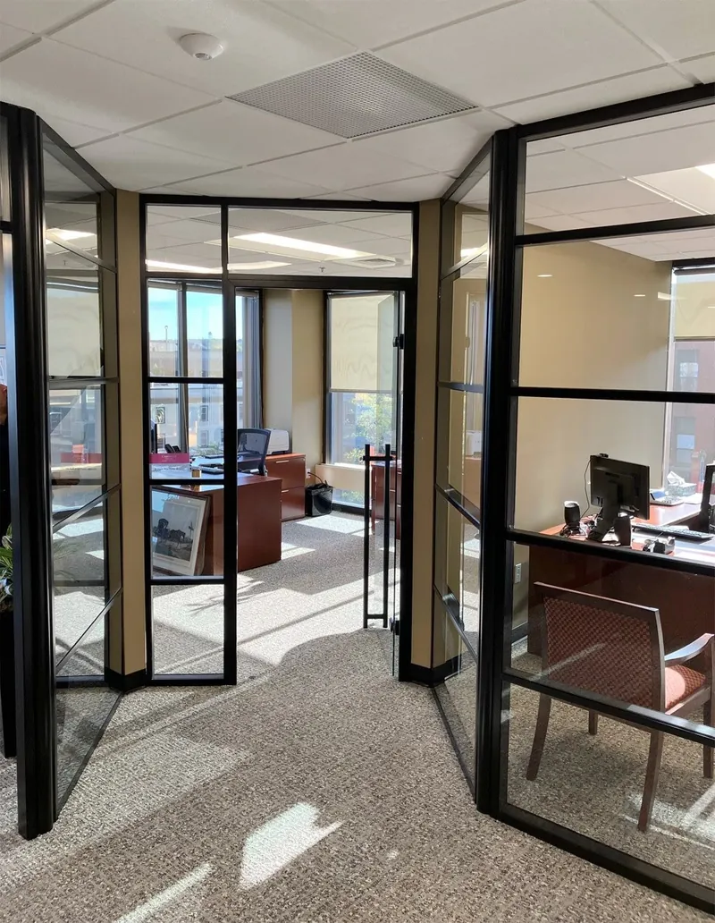 Black-frame glass offices, manufacturer photo