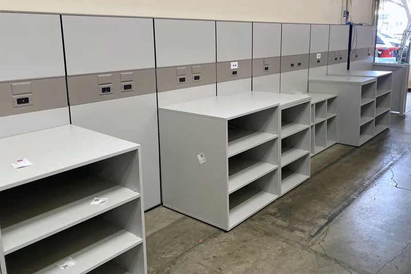 Warehouse panel workstations with open shelving, fastener distributor, Chatsworth