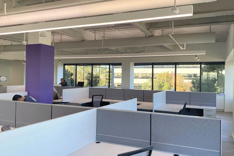 Rows of panel workstations, audiobook publisher, El Segundo