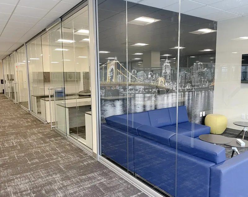 Glass-front offices and lounge, manufacturer photo