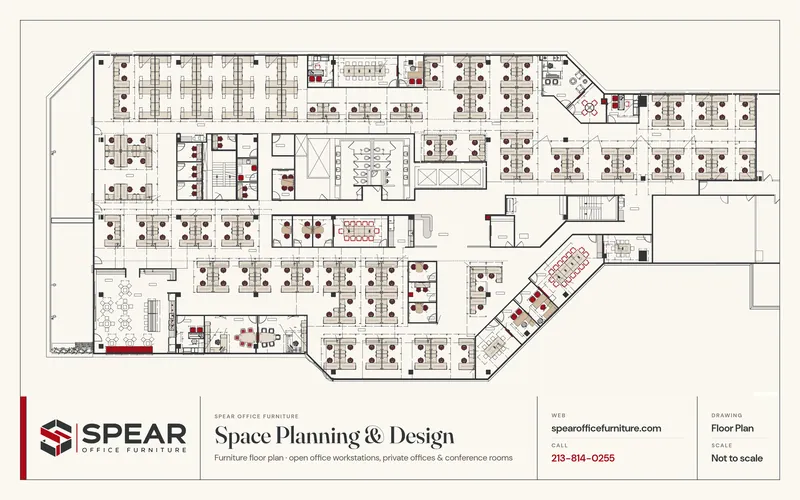 Illustrative Spear furniture floor plan of a full office floor with workstations, private offices and conference rooms